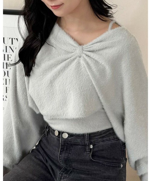 clear（クリア）の「リボンデザイン2wayニット＋ニットキャミソールセット[着回し力抜群 ガーリー]≪再入荷≫（ニット/セーター・レディース・ピンク/ライトグレー/アイボリー/サックスブルー・F）」の3枚目の写真