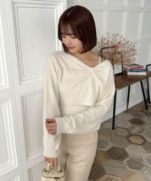 clear（クリア）の「リボンデザイン2wayニット＋ニットキャミソールセット[着回し力抜群 ガーリー]≪再入荷≫（ニット/セーター・レディース・ピンク/ライトグレー/アイボリー/サックスブルー・F）」の6枚目の写真