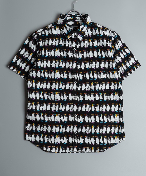 日本製 ネコ ペンギン クマ プリント オックスフォード レギュラー カラー 半袖 シャツ(GW)