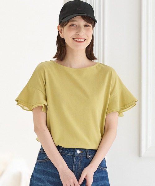 Honeys（ハニーズ）の「【ハニさら・接触冷感・吸水速乾・ＵＶカット】フリル袖Ｔシャツ（Tシャツ/カットソー・レディース・ネイビー/グリーン/ピンク/オフホワイト/ライトイエロー/ブラック/ライトブルー/ライトベージュ/ブラウン・3L/L/LL/M/S）」の8枚目の写真