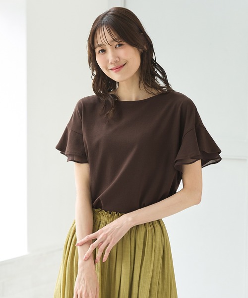 Honeys（ハニーズ）の「【ハニさら・接触冷感・吸水速乾・ＵＶカット】フリル袖Ｔシャツ（Tシャツ/カットソー・レディース・ネイビー/グリーン/ピンク/オフホワイト/ライトイエロー/ブラック/ライトブルー/ライトベージュ/ブラウン・3L/L/LL/M/S）」の3枚目の写真