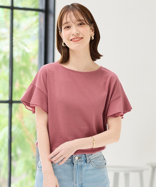 Honeys（ハニーズ）の「【ハニさら・接触冷感・吸水速乾・ＵＶカット】フリル袖Ｔシャツ（Tシャツ/カットソー・レディース・ネイビー/グリーン/ピンク/オフホワイト/ライトイエロー/ブラック/ライトブルー/ライトベージュ/ブラウン・3L/L/LL/M/S）」の9枚目の写真