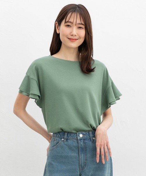 Honeys（ハニーズ）の「【ハニさら・接触冷感・吸水速乾・ＵＶカット】フリル袖Ｔシャツ（Tシャツ/カットソー・レディース・ネイビー/グリーン/ピンク/オフホワイト/ライトイエロー/ブラック/ライトブルー/ライトベージュ/ブラウン・3L/L/LL/M/S）」の5枚目の写真
