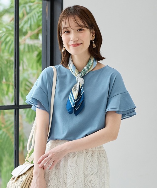 Honeys（ハニーズ）の「【ハニさら・接触冷感・吸水速乾・ＵＶカット】フリル袖Ｔシャツ（Tシャツ/カットソー・レディース・ネイビー/グリーン/ピンク/オフホワイト/ライトイエロー/ブラック/ライトブルー/ライトベージュ/ブラウン・3L/L/LL/M/S）」の6枚目の写真