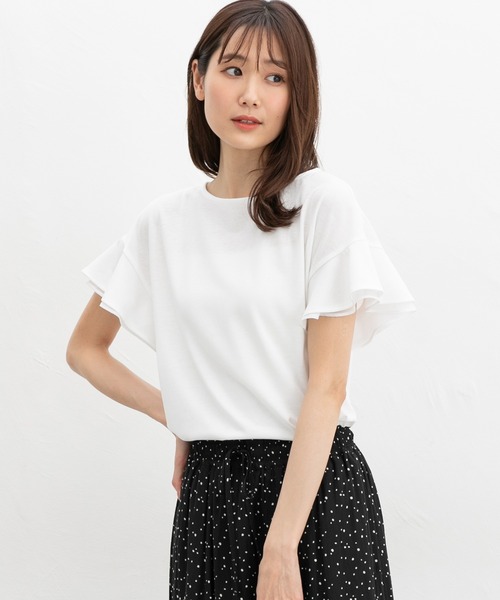 Honeys（ハニーズ）の「【ハニさら・接触冷感・吸水速乾・ＵＶカット】フリル袖Ｔシャツ（Tシャツ/カットソー・レディース・ネイビー/グリーン/ピンク/オフホワイト/ライトイエロー/ブラック/ライトブルー/ライトベージュ/ブラウン・3L/L/LL/M/S）」の16枚目の写真