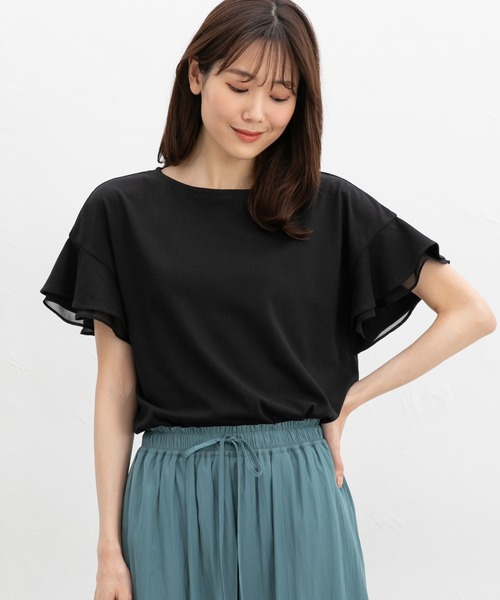 Honeys（ハニーズ）の「【ハニさら・接触冷感・吸水速乾・ＵＶカット】フリル袖Ｔシャツ（Tシャツ/カットソー・レディース・ネイビー/グリーン/ピンク/オフホワイト/ライトイエロー/ブラック/ライトブルー/ライトベージュ/ブラウン・3L/L/LL/M/S）」の18枚目の写真