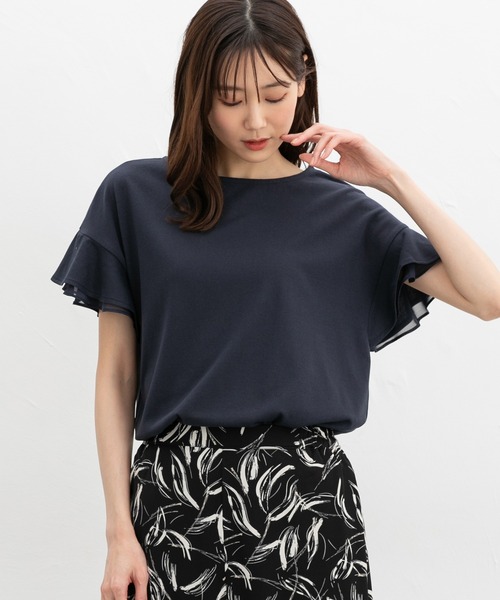 Honeys（ハニーズ）の「【ハニさら・接触冷感・吸水速乾・ＵＶカット】フリル袖Ｔシャツ（Tシャツ/カットソー・レディース・ネイビー/グリーン/ピンク/オフホワイト/ライトイエロー/ブラック/ライトブルー/ライトベージュ/ブラウン・3L/L/LL/M/S）」の20枚目の写真