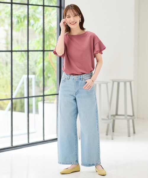 Honeys（ハニーズ）の「【ハニさら・接触冷感・吸水速乾・ＵＶカット】フリル袖Ｔシャツ（Tシャツ/カットソー・レディース・ネイビー/グリーン/ピンク/オフホワイト/ライトイエロー/ブラック/ライトブルー/ライトベージュ/ブラウン・3L/L/LL/M/S）」の21枚目の写真