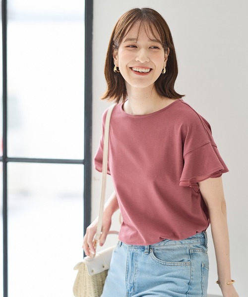 Honeys（ハニーズ）の「【ハニさら・接触冷感・吸水速乾・ＵＶカット】フリル袖Ｔシャツ（Tシャツ/カットソー・レディース・ネイビー/グリーン/ピンク/オフホワイト/ライトイエロー/ブラック/ライトブルー/ライトベージュ/ブラウン・3L/L/LL/M/S）」の22枚目の写真