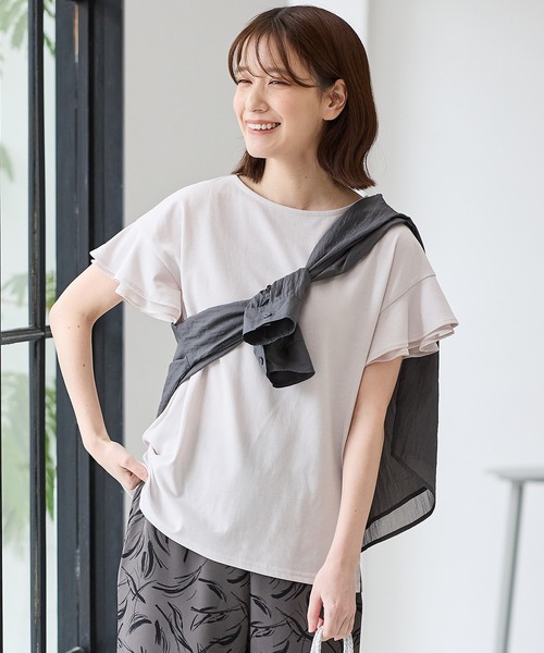 tシャツ 袖ドットフリルコットンカットソー レディース ハニさら・接触冷感・吸水速乾・UVカット】フリル袖Tシャツ