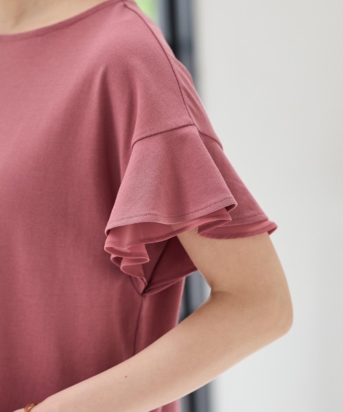 Honeys（ハニーズ）の「【ハニさら・接触冷感・吸水速乾・ＵＶカット】フリル袖Ｔシャツ（Tシャツ/カットソー・レディース・ネイビー/グリーン/ピンク/オフホワイト/ライトイエロー/ブラック/ライトブルー/ライトベージュ/ブラウン・3L/L/LL/M/S）」の12枚目の写真