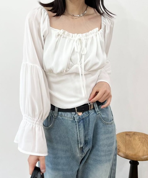 mebole(メボレ)の「フロントギャザーシフォンブラウス(シャツ/ブラウス・レディース・ピンク/ホワイト・FREE)」の1枚目の写真