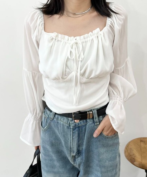 mebole(メボレ)の「フロントギャザーシフォンブラウス(シャツ/ブラウス・レディース・ピンク/ホワイト・FREE)」の14枚目の写真