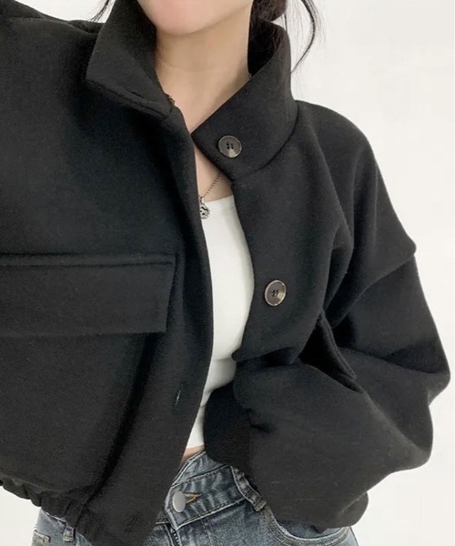 kirakiraShop(キラキラショップ)の「スタンドカラー ショート丈 ブルゾン(ノーカラーコート・レディース・グレー/クリーム/ブラック・FREE)」の1枚目の写真