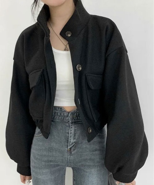 kirakiraShop(キラキラショップ)の「スタンドカラー ショート丈 ブルゾン(ノーカラーコート・レディース・グレー/クリーム/ブラック・FREE)」の4枚目の写真