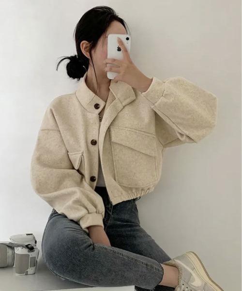 kirakiraShop(キラキラショップ)の「スタンドカラー ショート丈 ブルゾン(ノーカラーコート・レディース・グレー/クリーム/ブラック・FREE)」の16枚目の写真