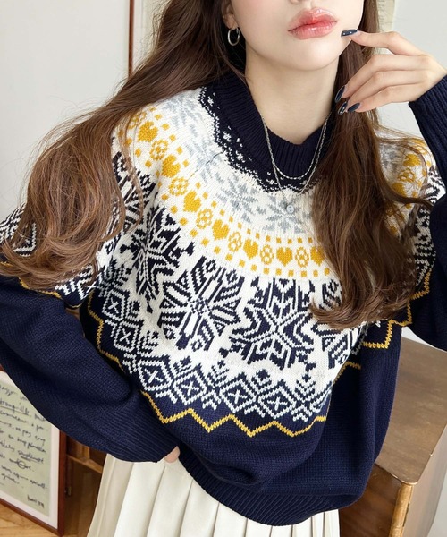 セール】スノーノルディック柄求心Wジャガードニットプルオーバー