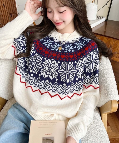 セール】スノーノルディック柄求心Wジャガードニットプルオーバー