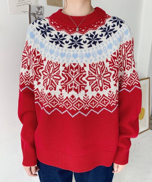 セール】スノーノルディック柄求心Wジャガードニットプルオーバー
