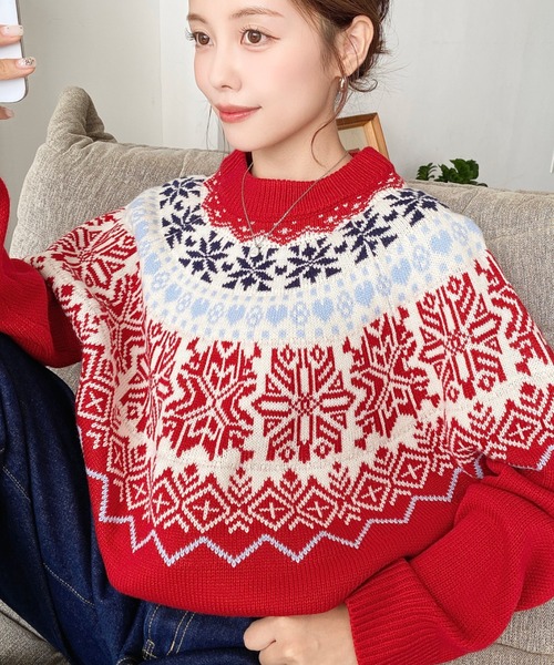 ノルディックニット　胡桃ボタン　フィッシャーマンニット　アランニット セール】スノーノルディック柄求心Wジャガードニットプルオーバー