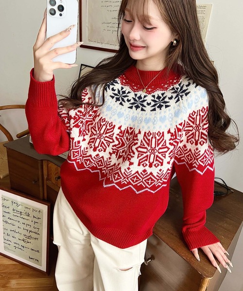 セール】スノーノルディック柄求心Wジャガードニットプルオーバー
