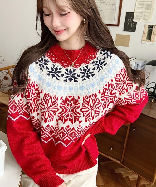 セール】スノーノルディック柄求心Wジャガードニットプルオーバー