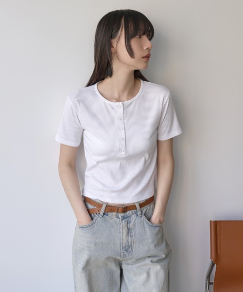 UNE ORIGINAL】 ヘンリーネックシルバースナップボタンリブ半袖