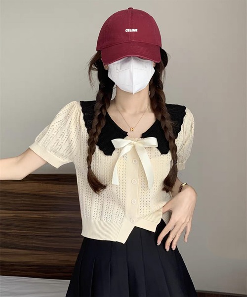 AsheKsha(アシクシャ)の「【新作】カットアウト・ラペル・ニット・ショートトップ(Tシャツ/カットソー・レディース・ブラック/グレー/ベージュ・F)」の10枚目の写真
