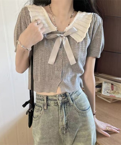 AsheKsha(アシクシャ)の「【新作】カットアウト・ラペル・ニット・ショートトップ(Tシャツ/カットソー・レディース・ブラック/グレー/ベージュ・F)」の6枚目の写真
