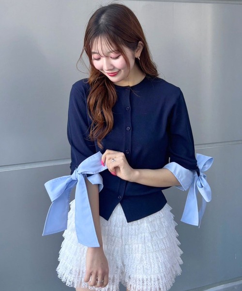 3.3 Field Trip （3.3フィールドトリップ）の「3.3 Field Trip／リボンレイヤードカーディガン（カーディガン/ボレロ・レディース・ネイビー/グレー/オフホワイト・FREE）」の3枚目の写真