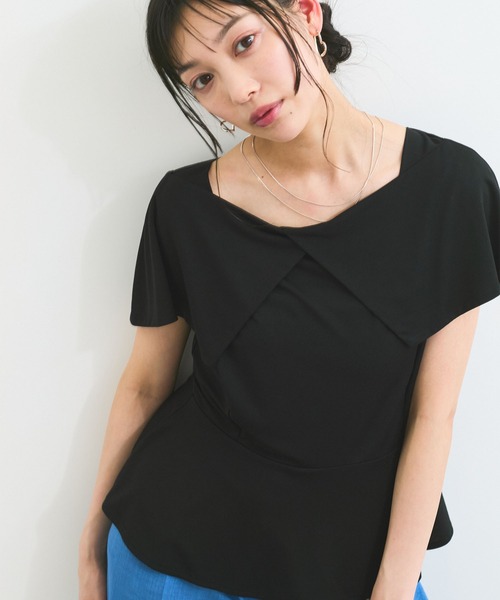 ペプラムカットソー　ブラック green label relaxing tシャツ ドライサッカー ペプラム プル