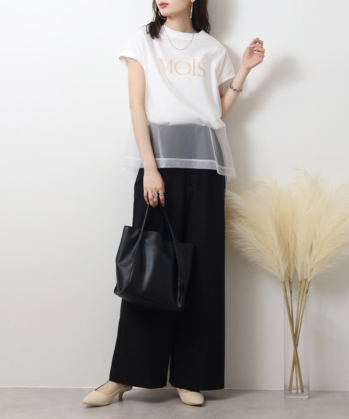EGLANTINE(エグランティーヌ)の「EGLANTINE チュールレイヤード ロゴプリント フレンチスリーブカットソー(Tシャツ/カットソー・レディース・ブラック/オフホワイト/グレイッシュブルー/カーキ・40)」の8枚目の写真