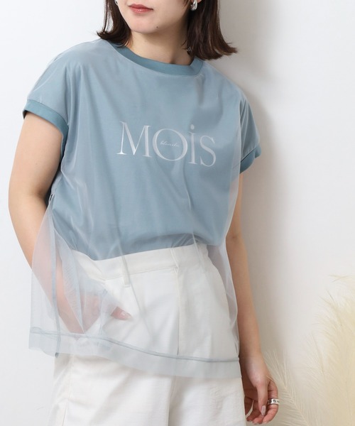 EGLANTINE(エグランティーヌ)の「EGLANTINE チュールレイヤード ロゴプリント フレンチスリーブカットソー(Tシャツ/カットソー・レディース・ブラック/オフホワイト/グレイッシュブルー/カーキ・40)」の21枚目の写真