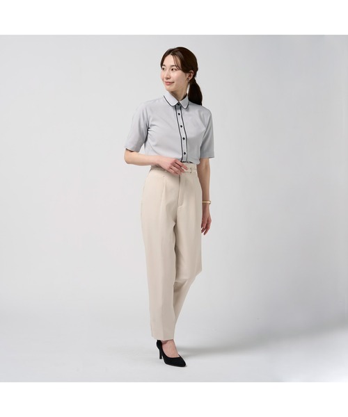 TOKYO SHIRTS(トウキョウシャツ)の「【吸水速乾】【COFREX】前立パイピングブラウス 五分袖 レディースデザインシャツ(シャツ/ブラウス・レディース・グレー・M/L/LL/S)」の3枚目の写真
