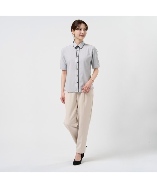 TOKYO SHIRTS(トウキョウシャツ)の「【吸水速乾】【COFREX】前立パイピングブラウス 五分袖 レディースデザインシャツ(シャツ/ブラウス・レディース・グレー・M/L/LL/S)」の2枚目の写真