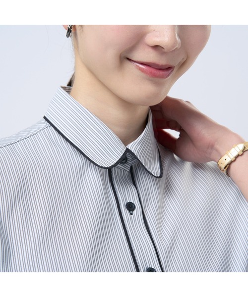 TOKYO SHIRTS(トウキョウシャツ)の「【吸水速乾】【COFREX】前立パイピングブラウス 五分袖 レディースデザインシャツ(シャツ/ブラウス・レディース・グレー・M/L/LL/S)」の4枚目の写真