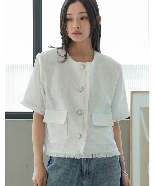 未使用品✨タグあり Rene バルーンスリーブ ツイード サマージャケット 半袖 セール】[2025 SUMMER COLLECTION]サマーツイード半袖ノーカラー