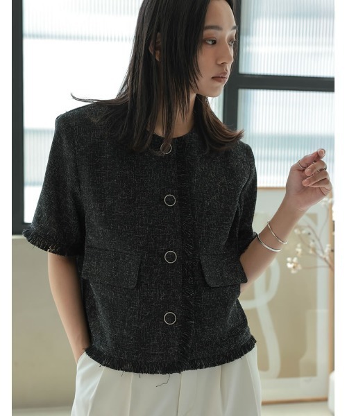 Re:EDIT（リエディ）の「[2025 SUMMER COLLECTION]サマーツイード半袖ノーカラージャケット（テーラードジャケット・レディース・ホワイト/ブラック系その他/ブルー/ブラック・MEDIUM/LARGE）」の8枚目の写真