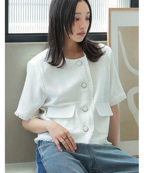 Re:EDIT（リエディ）の「[2025 SUMMER COLLECTION]サマーツイード半袖ノーカラージャケット（テーラードジャケット・レディース・ホワイト/ブラック系その他/ブルー/ブラック・MEDIUM/LARGE）」の15枚目の写真