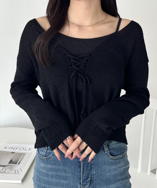 wears(ウェアーズ)の「レースアップニットボレロカーディガン(Tシャツ/カットソー・レディース・ブラック/ライトブルー/ホワイト・FREE)」の1枚目の写真