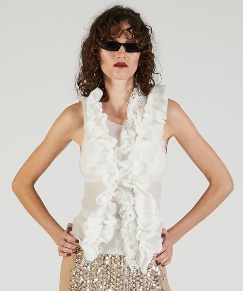 PRANK PROJECT（プランクプロジェクト）の「フリルモチーフニット / Frill Motif Knit（ニット/セーター・レディース・ゴールド/ホワイト/ブラック・FREE）」の2枚目の写真