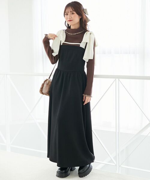 MAJESTIC LEGON（マジェスティックレゴン）の「配色肩リボンワンピース（ワンピース・レディース・ブラック/ベージュ/ベージュ系その他2/グレー系その他・MEDIUM/SMALL/X-SMALL）」の7枚目の写真