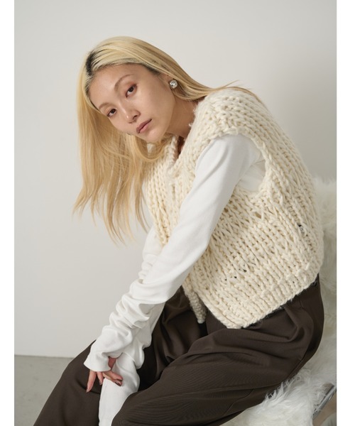 ハンドニットロービングベスト ニットベスト トップス アイボリー ESICA ハンドニットロービングベスト ニットベスト トップス