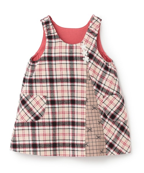 KP（ケーピー）の「チェック×mimiちゃん刺しゅう リバーシブルジャンスカ（ジャンパースカート・キッズ・ブルー/ピンク/ベージュ・90cm/110cm/100cm/120cm/130cm/80ｃｍ）」の2枚目の写真