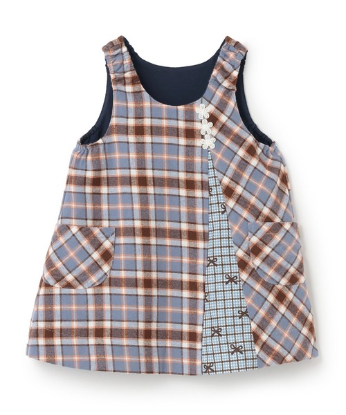 KP（ケーピー）の「チェック×mimiちゃん刺しゅう リバーシブルジャンスカ（ジャンパースカート・キッズ・ブルー/ピンク/ベージュ・90cm/110cm/100cm/120cm/130cm/80ｃｍ）」の3枚目の写真