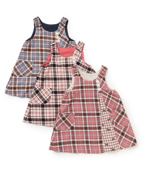 KP（ケーピー）の「チェック×mimiちゃん刺しゅう リバーシブルジャンスカ（ジャンパースカート・キッズ・ブルー/ピンク/ベージュ・90cm/110cm/100cm/120cm/130cm/80ｃｍ）」の8枚目の写真