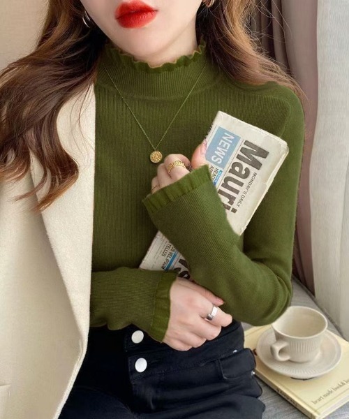 Beststore（ベストストア）の「フリル襟 ニットトップス ハイネックニットセーター（ニット/セーター・レディース・カーキ/アイボリー/ブラック/ブラウン系その他/ホワイト/ブラウン・FREE）」の6枚目の写真