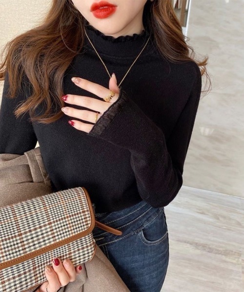 Beststore（ベストストア）の「フリル襟 ニットトップス ハイネックニットセーター（ニット/セーター・レディース・カーキ/アイボリー/ブラック/ブラウン系その他/ホワイト/ブラウン・FREE）」の4枚目の写真