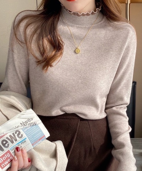 Beststore（ベストストア）の「フリル襟 ニットトップス ハイネックニットセーター（ニット/セーター・レディース・カーキ/アイボリー/ブラック/ブラウン系その他/ホワイト/ブラウン・FREE）」の19枚目の写真