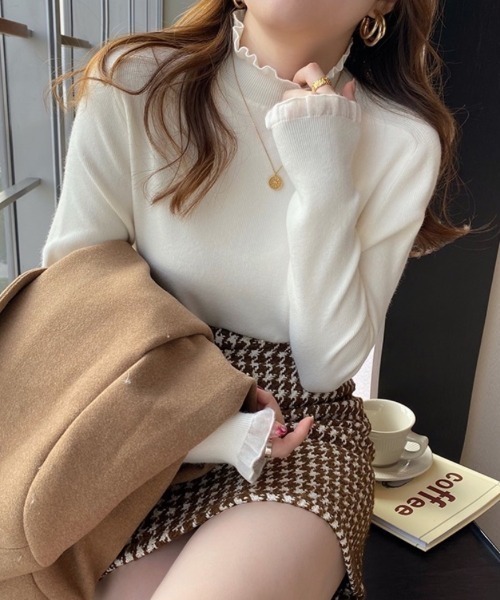 Beststore（ベストストア）の「フリル襟 ニットトップス ハイネックニットセーター（ニット/セーター・レディース・カーキ/アイボリー/ブラック/ブラウン系その他/ホワイト/ブラウン・FREE）」の22枚目の写真